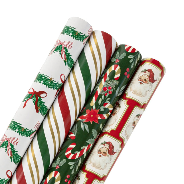 30" x 10' reversible metallic Christmas wrapping paper bundle with vintage Santa, candy cane and pine sprig festive prints