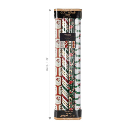30" x 10' reversible metallic gift wrap bundle (4-pack) with traditional Xmas motifs ideal for festive gift packaging.