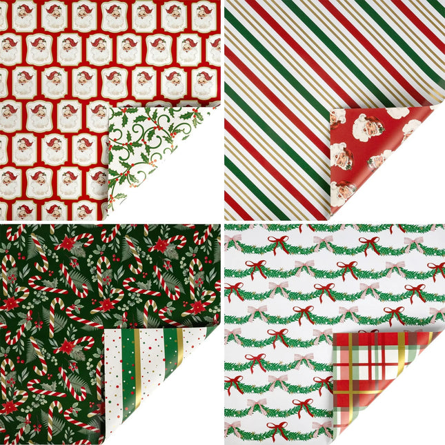 Assorted 4-pack holiday metallic wrapping paper rolls featuring classic stripe, holly and retro Santa designs