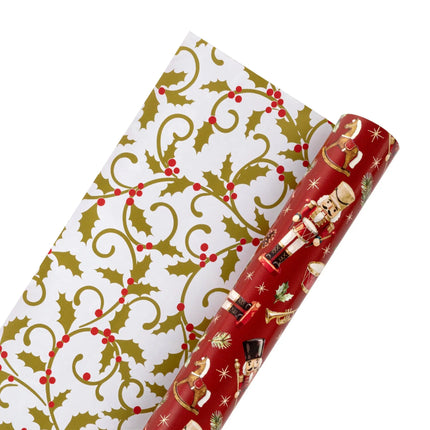 Premium two-side metallic wrap combining classic nutcracker, pine & instruments and elegant gold swirling holly design