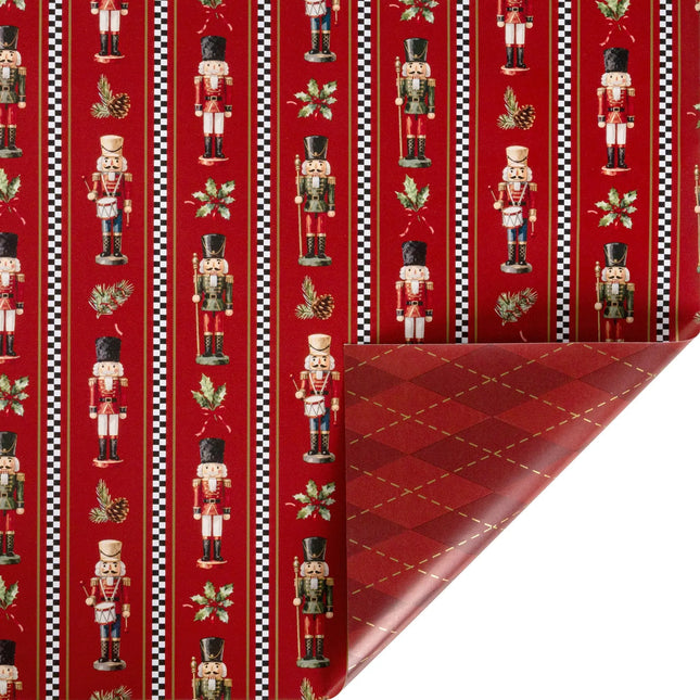30"x10' reversible metallic Christmas wrap with vertical nutcracker & checker stripe front and gold foil argyle reverse