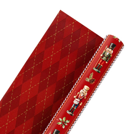 Premium two-sided wrapping paper combining vintage nutcracker design and gold accented argyle pattern