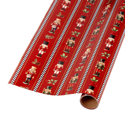 Metallic reversible holiday wrap with red nutcracker vertical stripe on one side and elegant gold stitched argyle on reverse side.