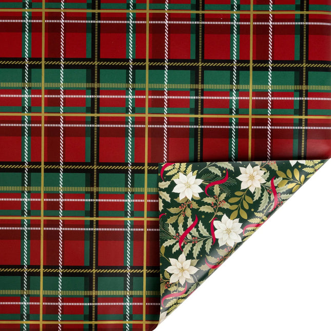 30"x10' reversible metallic Christmas wrap with red-green gold tartan plaid front and white poinsettia floral ribbon print reverse