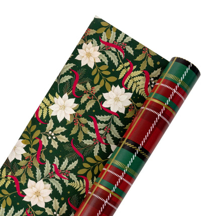 Premium two-side metallic wrapping paper combining traditional red tartan and lush winter floral with decorative red ribbon details.