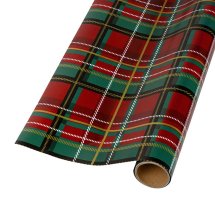 Metallic reversible Xmas wrap with bold vintage plaid on one side and green-base poinsettia foliage design 