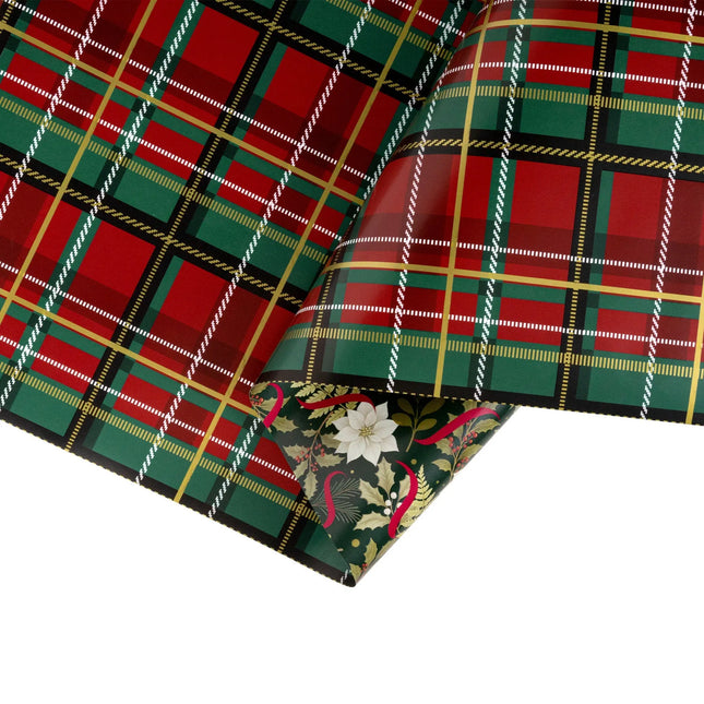 Double-sided festive gift wrap featuring classic holiday plaid and elegant poinsettia holly ribbon pattern