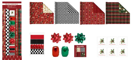 30" x 10' Holiday Reversible Metallic Gift Wrap Kit | Holly Nutcracker Plaids and Checks