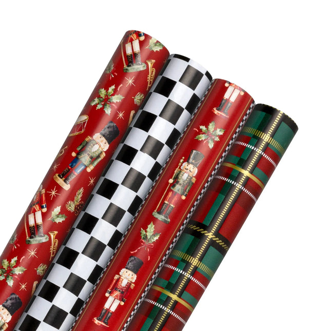 4-pack 30"x10' reversible metallic Christmas wrap bundle with nutcracker holly, buffalo check and festive plaid patterns 
