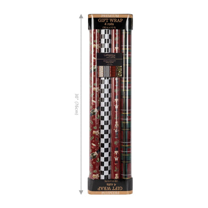 30"x10' holiday wrapping paper bundle of 4-rolls with vintage nutcracker, black-white check and gold-accented tartan designs.