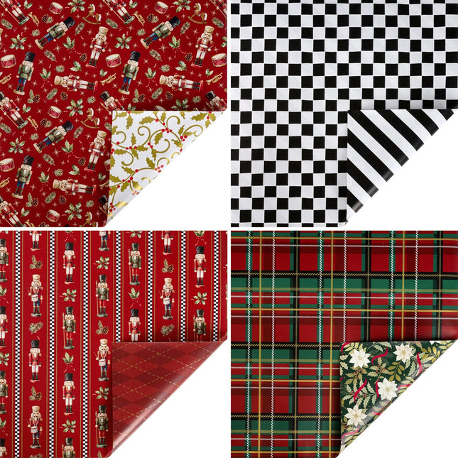 Assorted double-sided gift wrapping paper set featuring classic nutcracker, checkered and metallic plaid prints