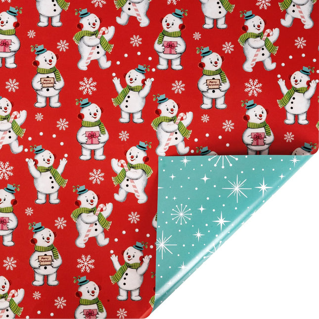 30"x10' reversible Christmas wrapping paper, vintage red snowman print front and turquoise starburst snowflake reverse