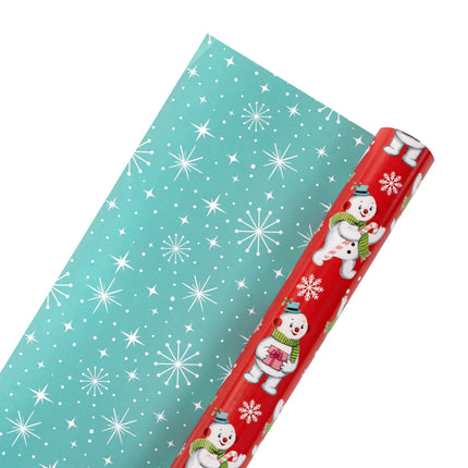 Premium two-sided holiday wrap featuring classic vintage snowman artwork and bright starburst backdrop