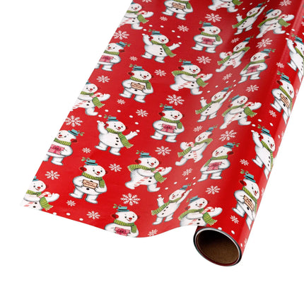 Cute reversible Xmas wrapping paper with red-base cartoon snowmen and cool teal star print