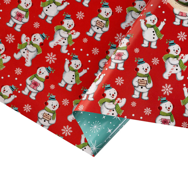 Double-sided festive gift wrap with retro smiling snowman pattern and teal white star design