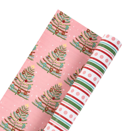 Premium two-side Xmas gift wrap featuring classic red-green stripe polka dots and pastel pink background vintage tree artwork.