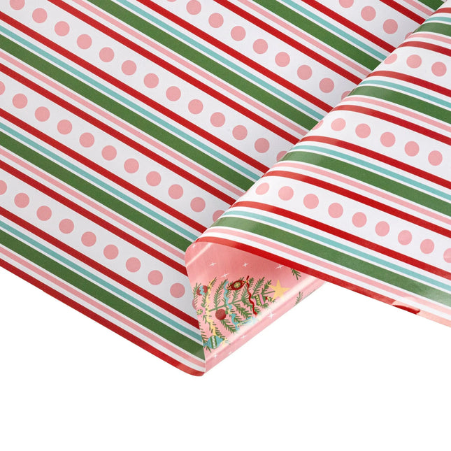Double-sided festive wrapping paper combining colorful dot stripe print and cute retro Xmas tree design