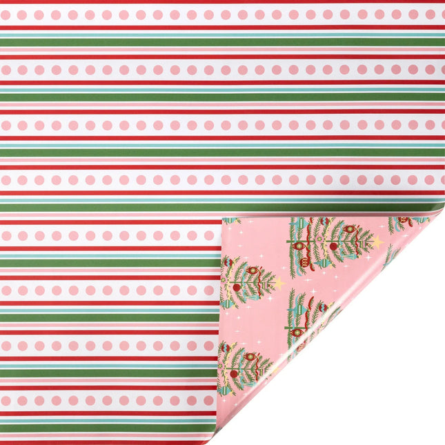 30"x10' reversible holiday wrap with pink polka dot stripe front and vintage decorated pine trees on soft pink reverse