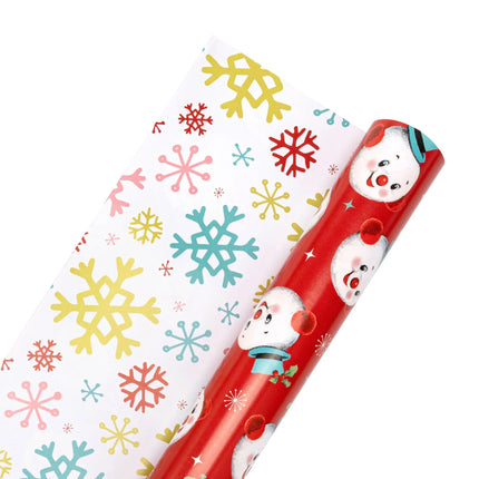 Whimsical reversible Xmas paper with red background retro snowmen and pastel multicolor snowflakes