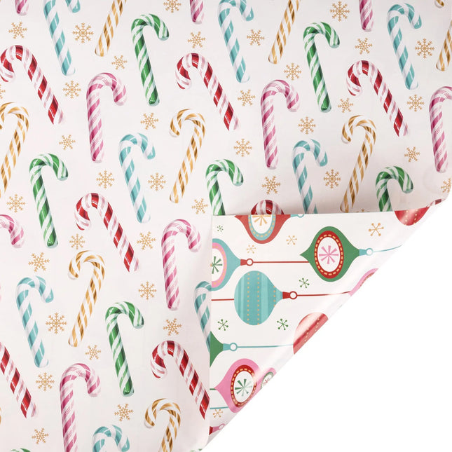 30"x10' reversible Christmas wrap with candy cane & gold snowflake front and bauble ornament reverse