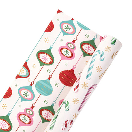 Fun reversible Xmas wrap with assorted pastel candy cane motifs and vibrant vintage ornament artwork