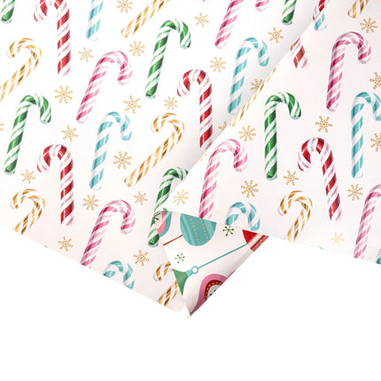Double-sided gift wrap featuring classic multihued candy cane print and bright vintage Christmas ornament pattern