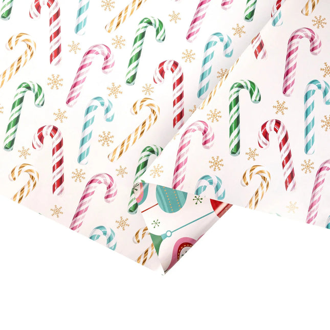 Double-sided gift wrap featuring classic multihued candy cane print and bright vintage Christmas ornament pattern