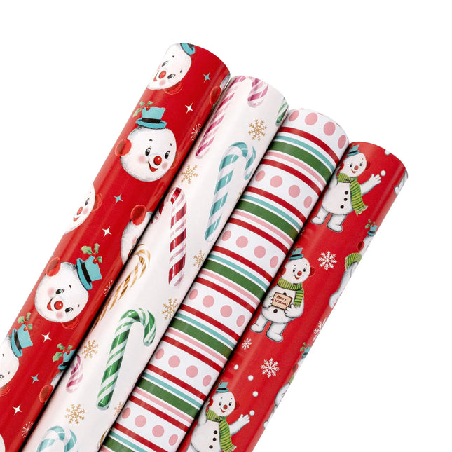 4-pack 30"x10' reversible Christmas wrap bundle with retro snowman, candy cane, stripe and polka dot prints