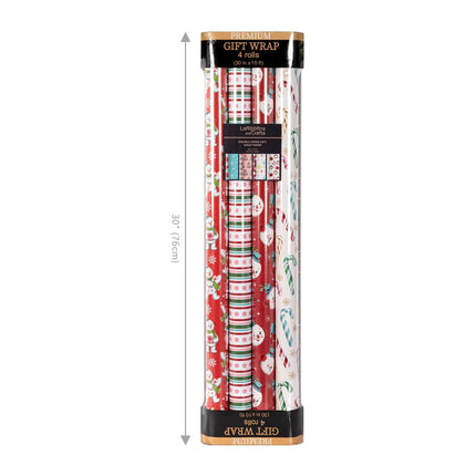 4-roll 30"x10' holiday wrapping paper pack with whimsical retro snowman artwork and fun seasonal stripe & candy cane reversible designs.