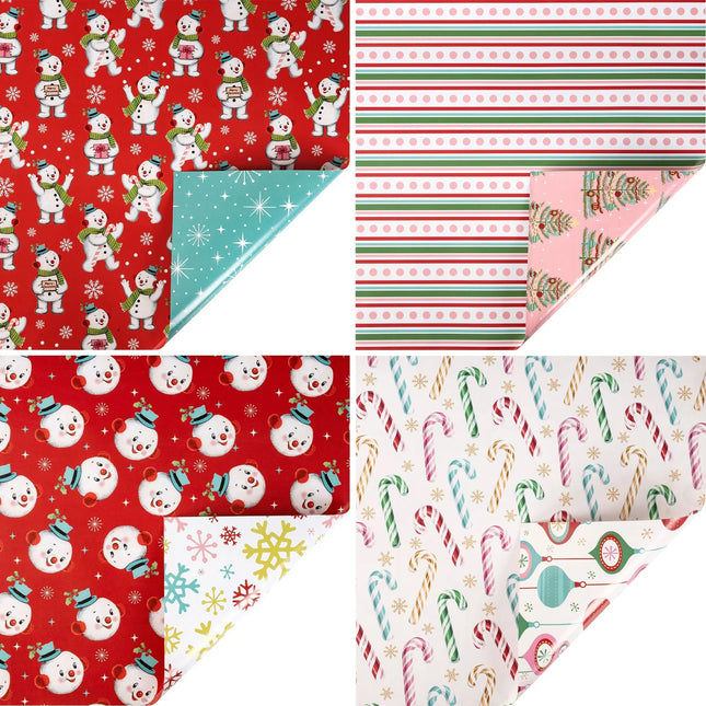 Assorted vintage-style gift wrap set featuring cute classic snowman motifs, candy canes and colorful stripe patterns