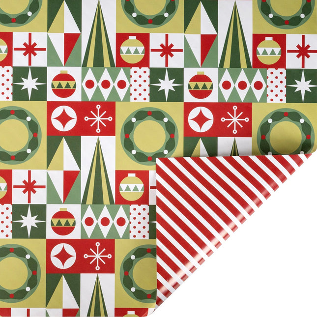 30"x10' reversible holiday wrap with geometric Xmas tile print front and red-white diagonal stripe reverse
