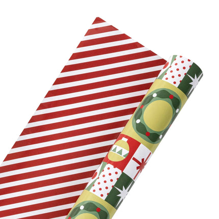Two-sided Christmas gift wrap pairing mid-century geometric holiday motifs and clean alternating stripe design