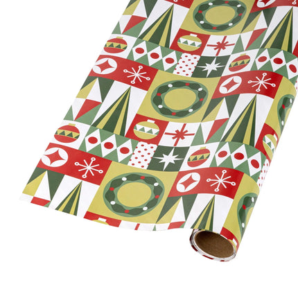 Contemporary reversible Xmas paper with colorful geometric festive squares and timeless red-white stripe