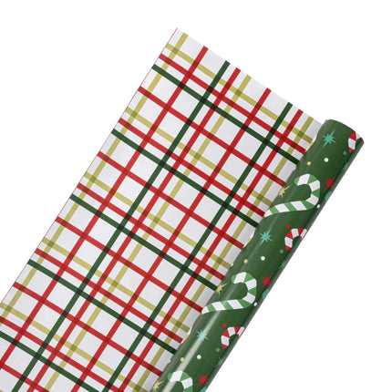 Two-sided holiday wrapping paper combining trendy candy cane artwork and clean geometric plaid design