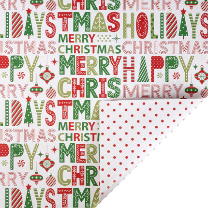 30"x10' reversible Christmas wrap with festive Merry Christmas letter print front and simple red polka dot reverse