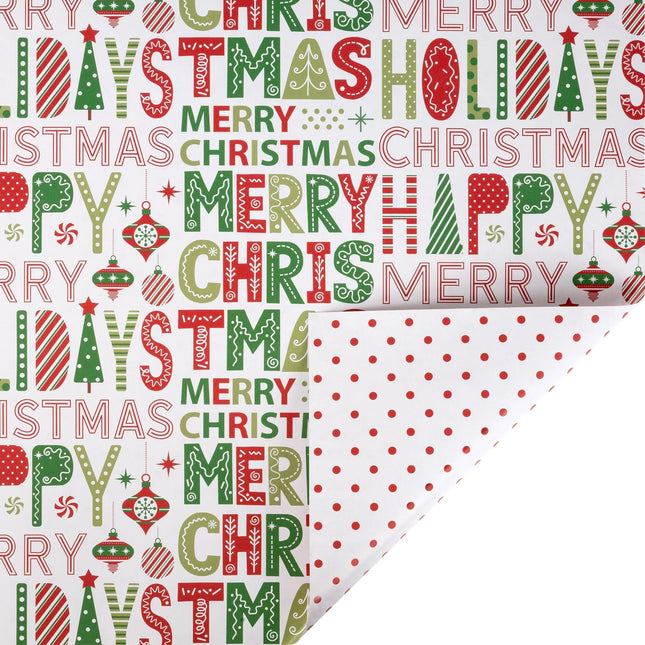30"x10' reversible Christmas wrap with festive Merry Christmas letter print front and simple red polka dot reverse