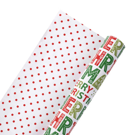 Two-sided holiday paper combining colorful Christmas wishes artwork and neat red polka dots