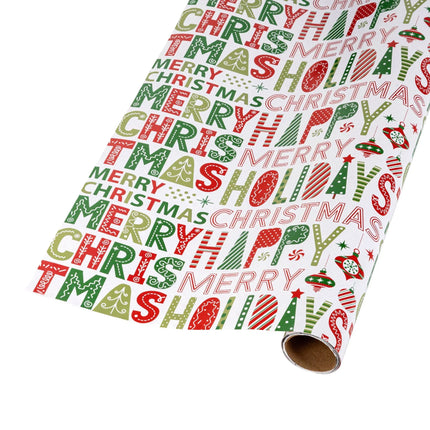 Fun reversible Xmas wrap with decorative holiday wording design and clean red dot background 