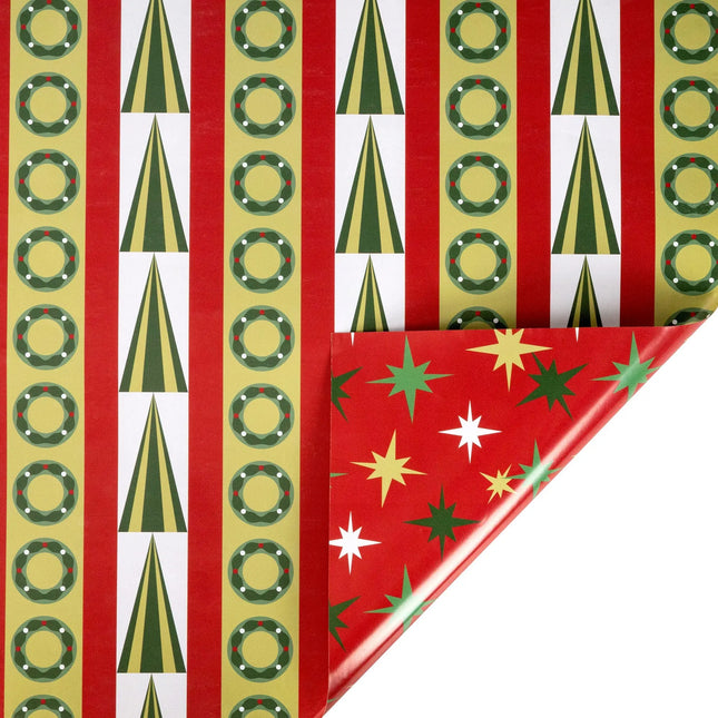 30"x10' reversible Christmas wrap with vertical wreath & pine tree stripe front and multi-tone starburst on red reverse