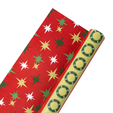 Two-sided holiday paper combining modern vertical evergreen & wreath pattern and bright mixed starburst design 