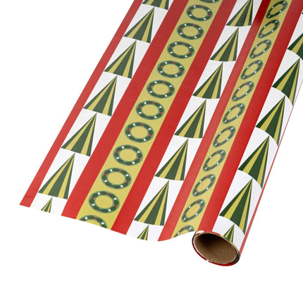 Contemporary reversible wrap with vintage striped holiday graphics and vivid multi-color stars