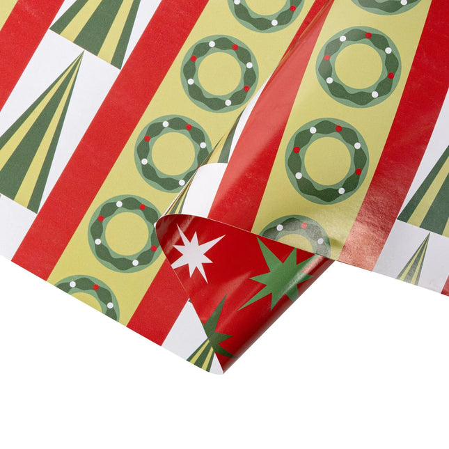 Double-sided festive gift wrap featuring retro geometric wreath-tree stripes and colorful star print