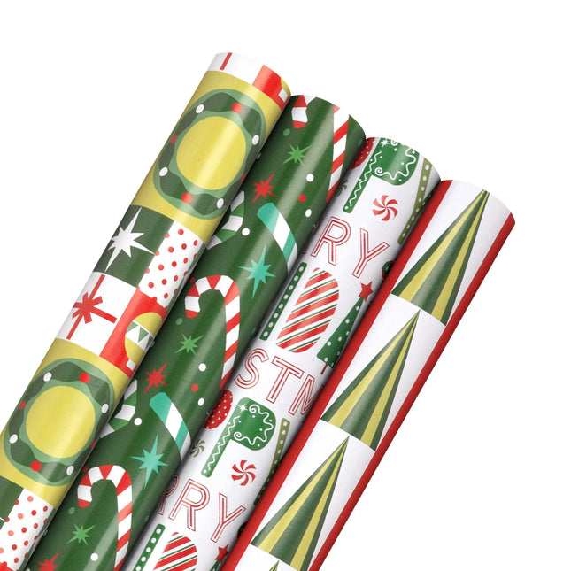 Assorted modern-style gift wrap set featuring bold geometric Xmas tree, candy and festive letter patterns