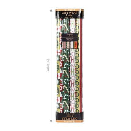 4-pack 30"x10' reversible modern Christmas wrap bundle with candy cane, tree and typography prints