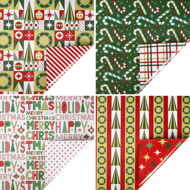 Four-roll holiday wrapping paper pack with playful modern holiday graphics including candy canes, ornaments and stylized evergreen trees.