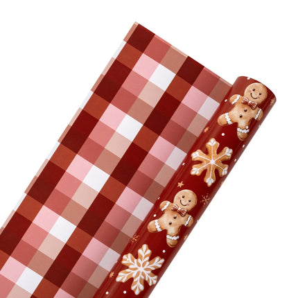 Two-sided Xmas wrapping paper combining charming gingerbread cookie art and classic holiday checkered design