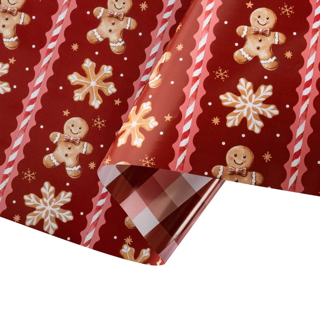 Double-sided festive gift wrap featuring whimsical gingerbread man pattern and cozy red gingham check