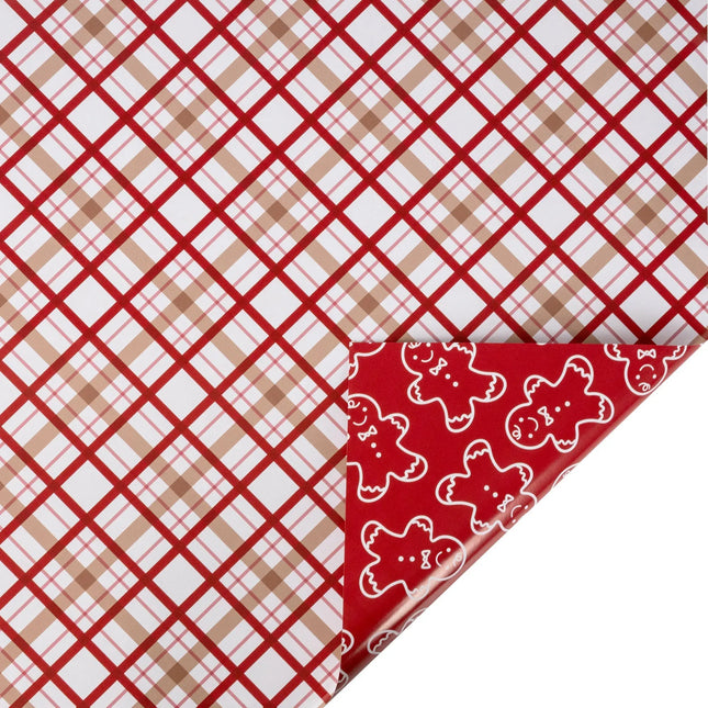 30"x10' reversible holiday wrap with warm gingerbread plaid front and bold red gingerbread linework reverse