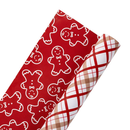 Two-sided wrapping paper combining classic gingerbread check design and simple line-art cookies