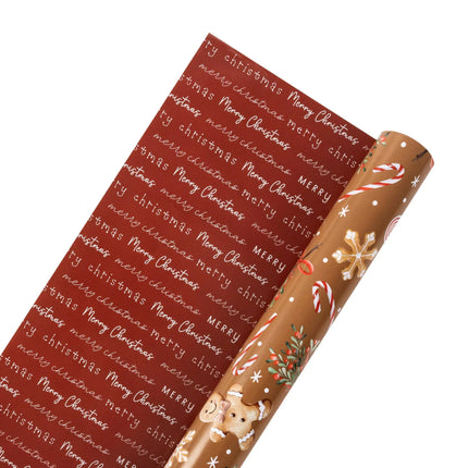 Two-sided holiday wrapping paper combining sweet gingerbread & candy motifs and elegant red "Merry Christmas" script